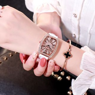 Đồng hồ nữ DZG dây da cao cấp mặt bầu đính đá sang trọng mẫu mới hot thời thượng