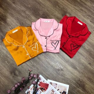 Đồ bộ Pijama Lụa Satin - quần dài túi thêu tim - Giá sỉ giá bán buôn