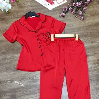 Đồ bộ Pijama Lụa Satin - quần dài túi thêu tim - Giá sỉ giá bán buôn