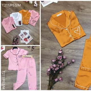 Đồ bộ Pijama Lụa Satin - quần dài túi thêu tim - Giá sỉ giá bán buôn