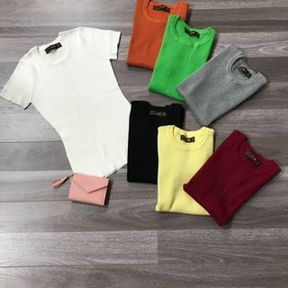 Áo len nữ dệt tay ngắn cổ tròn