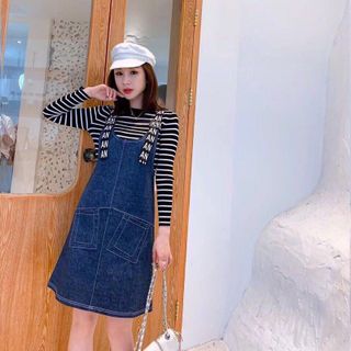 Đầm Yếm Jean Xanh Gài Dây Chữ Năng Động