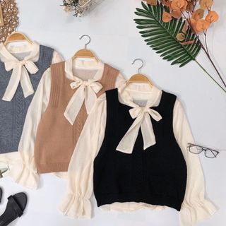 Set áo sơmi nơ gile len