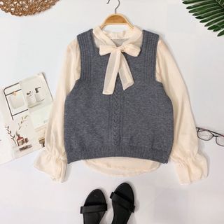 Set áo sơmi nơ gile len