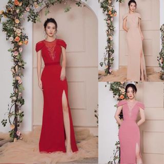 Đầm Dạ Hội Đính Ngọc Tay Xếp Ly Cao Cấp