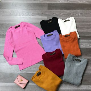 Áo len gân nữ dệt tay dài cổ tròn
