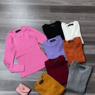 Áo len gân nữ dệt tay dài cổ tròn