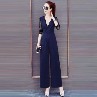 Jumsuit Dài Xanh Navy Ống Suông Tay Phối Ren Lưới Thời Trang