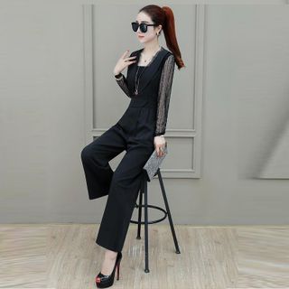 Jumsuit Dài Đen Ống Suông Tay Phối Ren Lưới Thời Trang