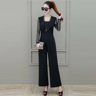 Jumsuit Dài Đen Ống Suông Tay Phối Ren Lưới Thời Trang