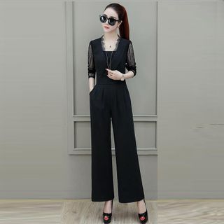 Jumsuit Dài Đen Ống Suông Tay Phối Ren Lưới Thời Trang