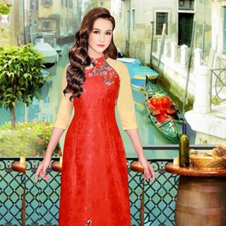 Áo dài gấm truyền thống địu đà họa tiết cành đào
