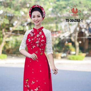 Áo dài gấm truyền thống địu đà họa tiết cành đào