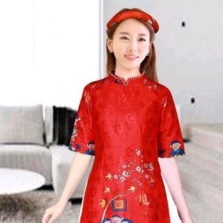 Áo dài cách tân họa tiết tết đoàn viên ÁO và váy rời tặng kèm mấn