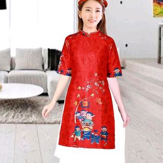 Áo dài cách tân họa tiết tết đoàn viên ÁO VÀ váy tặng kèm mấn