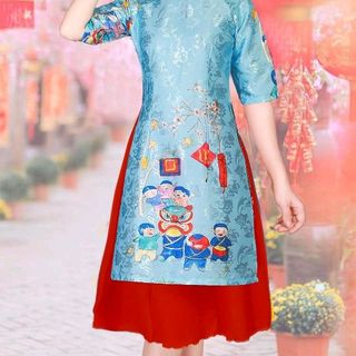 Áo dài cách tân họa tiết tết đoàn viên ÁO VÀ váy tặng kèm mấn