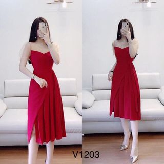 V1203 đầm xòe phối lưới tùng đắp chéo giá sỉ