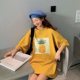 Áo thun in trái thơm tay lỡ form rộng che quần