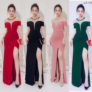 Đầm Dạ Hội Cut Out Đính Pha Lê Cổ Tròn