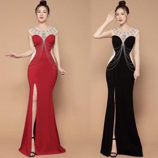 Đầm Dạ Hội Kết Pha Lê Phối Lưới Chữ S Cao Cấp