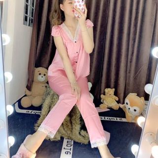 Bộ ngủ lụa satin viền ren Quần dài tay ngắn xinh sang