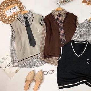 Set 3 món áo sơmi gile len cà vạt