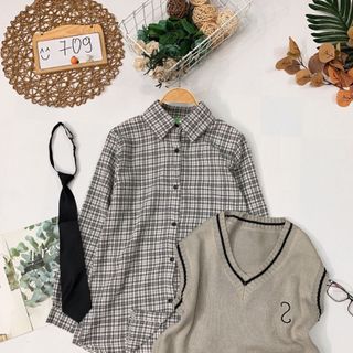 Set 3 món áo sơmi gile len cà vạt