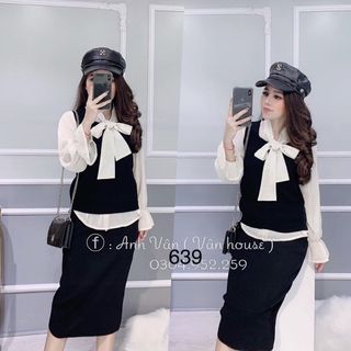 Set áo sơmi nơ gile len cột nơ chất lụa mịn