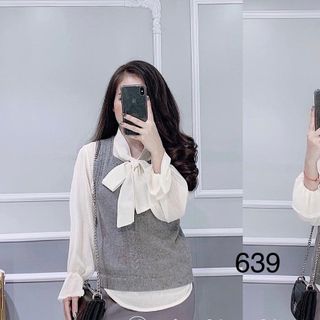 Set áo sơmi nơ gile len cột nơ chất lụa mịn