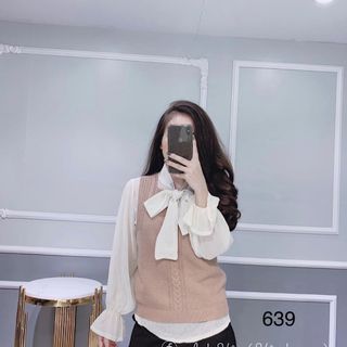 Set áo sơmi nơ gile len cột nơ chất lụa mịn