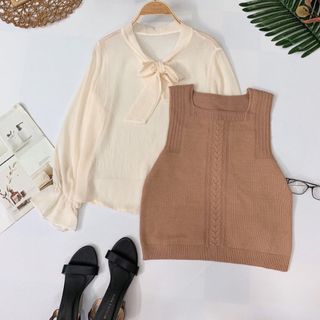 Set áo sơmi nơ gile len cột nơ chất lụa mịn