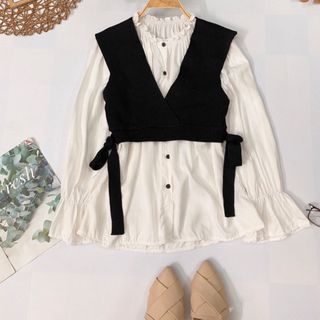 Set áo sơmi cổ bèo crop len