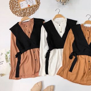 Set áo sơmi cổ bèo crop len