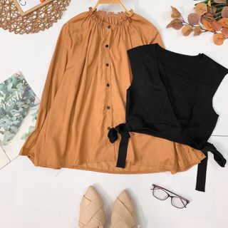 Set áo sơmi cổ bèo crop len