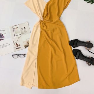 Đầm xoắn eo phối màu