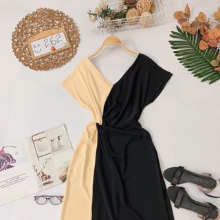 Đầm xoắn eo phối màu