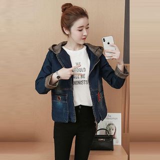 Áo Khoác Jean Có Nón Phối Viền Caro