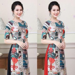 SÉT ÁO DÀI CÁCH TÂN HỌA TIẾT CHUÔNG CHÂN VÁY XÒE