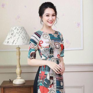 SÉT ÁO DÀI CÁCH TÂN HỌA TIẾT CHUÔNG CHÂN VÁY XÒE