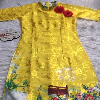 Set áo dài Gấm Nhật in họa tiết 3D dễ thương