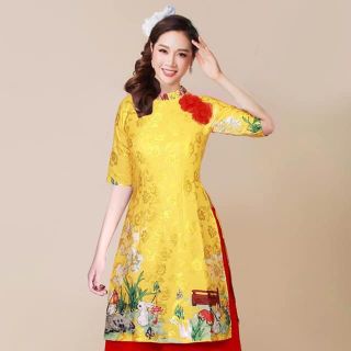 Set áo dài Gấm Nhật in họa tiết 3D dễ thương