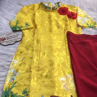 Set áo dài Gấm Nhật in họa tiết 3D dễ thương