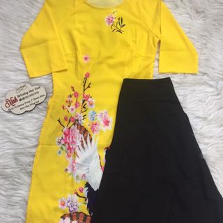 Set áo dài cách tân tơ nhung nền vàng in chim hạc