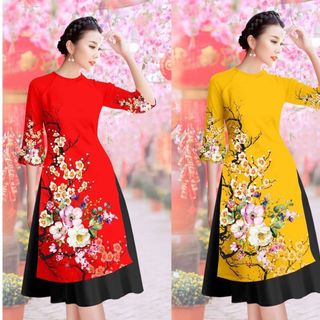 Set áo dài cách tân gấm tơ nền đỏ in hoa