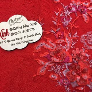 Set áo dài cách tân ren đỏ đính hoa nổi cao cấp