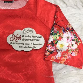 Set áo dài cách tân gấm tơ nền đỏ in hoa