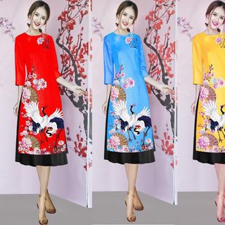 Set áo dài cách tân tơ nhung nền đỏ in chim hạc
