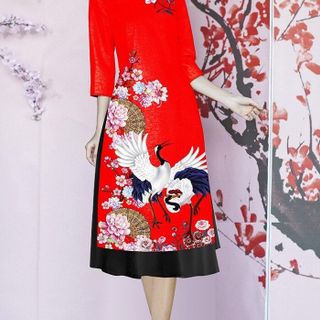 Set áo dài cách tân tơ nhung nền đỏ in chim hạc