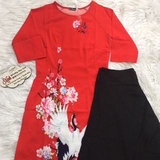 Set áo dài cách tân tơ nhung nền đỏ in chim hạc