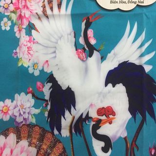 Set áo dài cách tân tơ nhung nền xanh in chim hạc